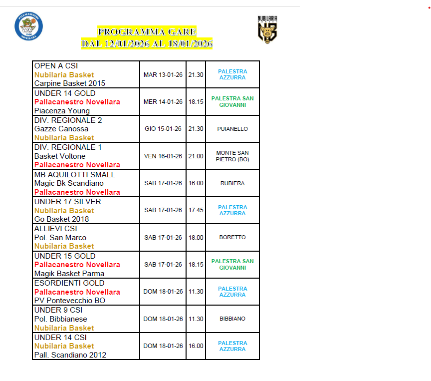 PROGRAMMA GARE FINO AL 18 01 26