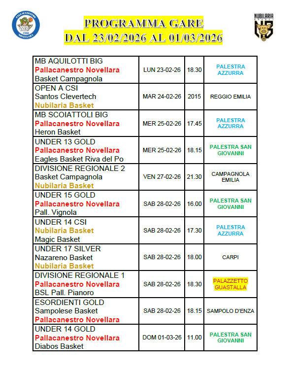PROGRAMMA GARE FINO A DOM 1 MARZO 2026